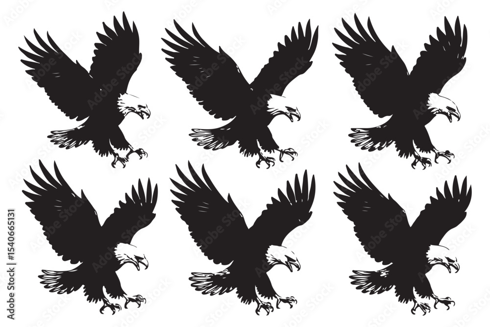 Fototapeta premium Set of eagle silhouettes in flight with wings extended in different directions