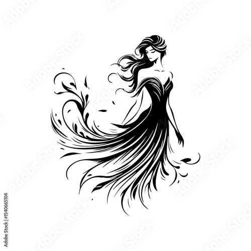 Elegant woman in flowing floral gown, art deco style illustration.