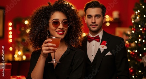 Romantic young couple in elegant black celebrating at a vintage night party with champagne