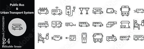 Public transportation line icons urban mobility bus electric hydrogen car and passenger editable icon set
