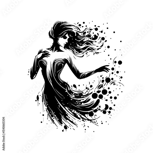 A stylized, black and white illustration of a woman with flowing hair, seemingly caught in a windstorm.