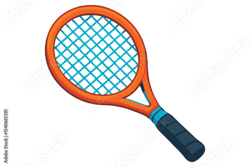 Colorful illustrated tennis racket with blue strings and an orange frame
