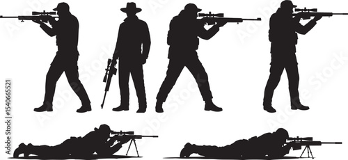 Sniper crouching position silhouette vector illustration
