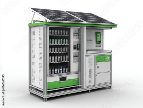 A technical diagram of a solar-powered outdoor vending machine selling fresh food, showing a refrigerator and a digital payment system in the context of an urban lifestyle