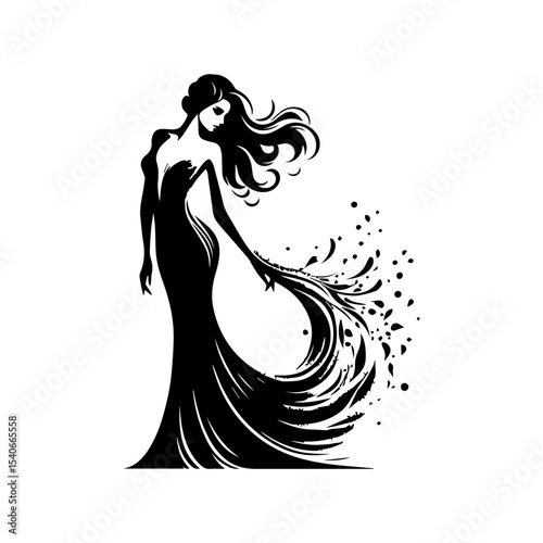 Elegant silhouette of a woman in a flowing gown, with stylized floral details.