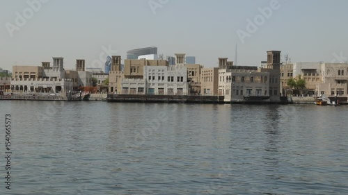 A panning shot of the coastal old city area in Dubai.