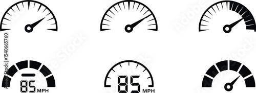 Speedometer Icon Set, Black and White Gauge Vector for Dashboard UI.

