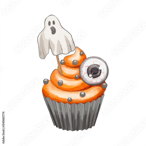 Halloween Cupcake with Ghost Topper and Eyeball – Watercolor.Adorable Halloween cupcake with ghost topper and candy eyeball. Hand-painted style on transparent background. Great for spooky party invite