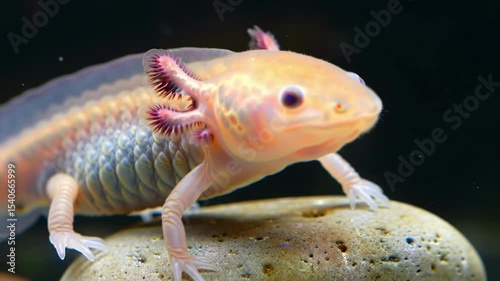Smiling axolotl perched atop a spotted rock looking directly at the camera