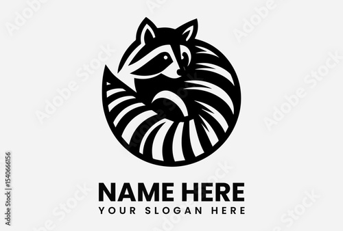 Black and white logo featuring a stylized raccoon in a circular design.