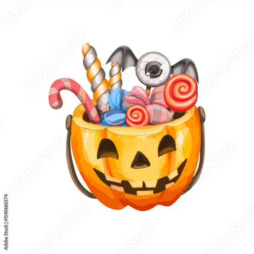 Halloween Pumpkin Bucket with Candy and Eyeball – Cute Watercolor. Festive Halloween pumpkin bucket filled with candy, lollipops, and an eyeball treat. Watercolor clipart with transparent background.

