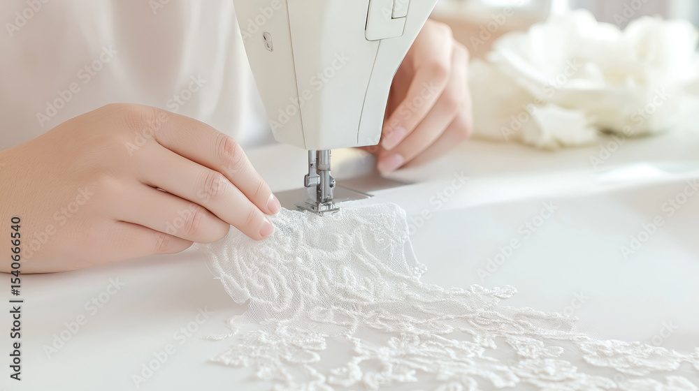Obraz premium Female seamstress using sewing machine to create intricate lace designs, showcasing craftsmanship and attention to detail in a bright, well-lit workspace filled with fabric