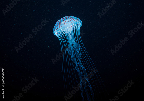 Ultra-realistic bioluminescent jellyfish photography, deep sea darkness with electric blue glow, macro lens detail, tentacles trailing light particles, National Geographic style, mysterious abyss back