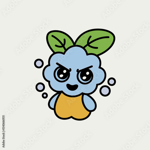 Cute Little Blue Monster Character with Leaves