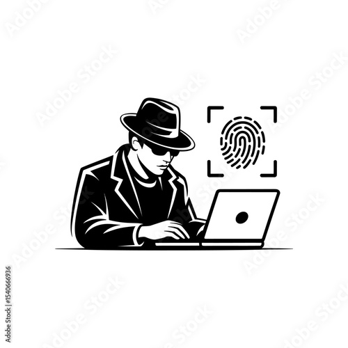 Hacker with Laptop and Fingerprint Scan - Cybersecurity Identity Theft Icon