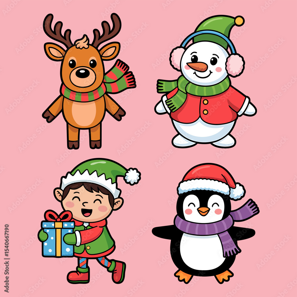 Fototapeta premium Cute Christmas Holiday Characters Vector Illustration Set
