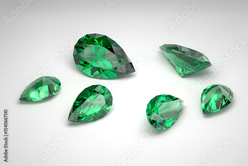 Scattering of emeralds of different sizes on the white background. Exhibition of precious stones. Pear cut. 3d rendering.