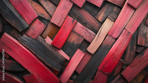 Chopped rhubarb stalks on wooden surface, fresh organic ingredient close up