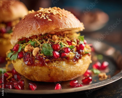Close-Up of Spicy Dabeli with Mashed Potato, Pomegranate, Sev, and Chutney