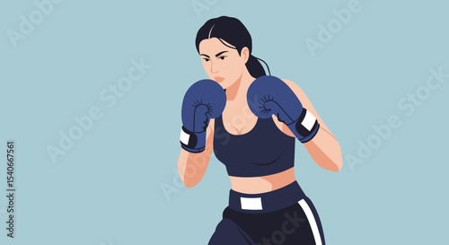 Flat vector woman boxing with gloves in ready stance