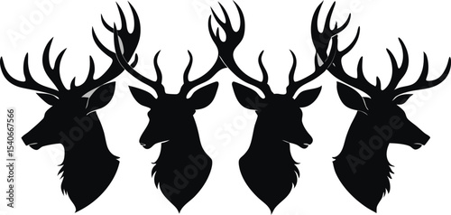 Four Deer Head Silhouettes: Majestic Stag & Buck Antler Vector Set