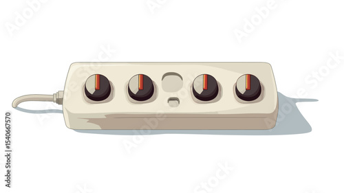 Close-up illustration of a rectangular off-white power strip featuring four circular outlets.  The power strip has a simple design, with a subtle shadow cast below. The outlets are depicted with 