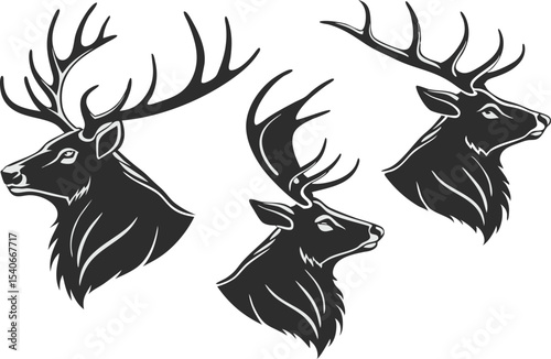 Majestic Deer Head Vector Set: Stag and Caribou Antler Silhouettes