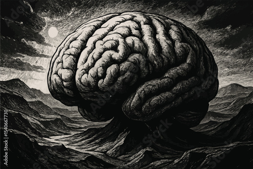 Unique artwork of a mountainous brain formation illuminated by a bright sun, symbolizing intellect.