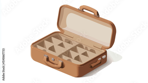 Isometric illustration of an open vintage-style suitcase. The suitcase is light brown and appears to be made of leather. The interior is divided into multiple compartments. The illustration is