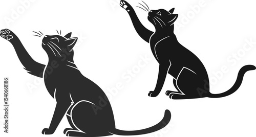 Playful Black Cat Silhouette Duo: Reaching and Pouncing Poses