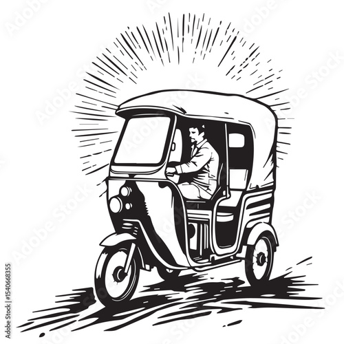 Black and white illustration of a man driving a three wheeled auto rickshaw