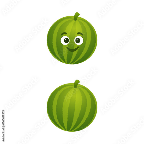 Watermelon with eyes and face smiling 3d game illustration cartoon vector art fully editable green ripe fresh fruit merge game asset svg