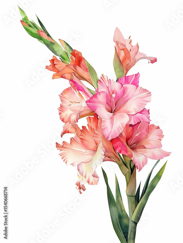 Watercolor Pink Gladiolus Isolated on White Background. Beautiful Gladiolus Flower