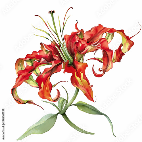 Watercolor Gloriosa Lily Isolated on White Background. Beautiful Gloriosa Lily Flower