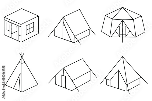 Simple line art of different tent structures, including camping tents and shelter designs. Perfect for outdoor and adventure graphics.