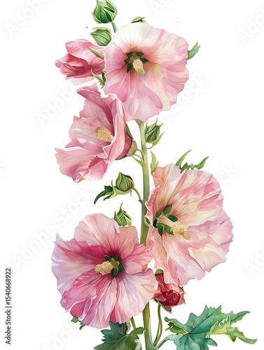 Watercolor Pink Hollyhock Isolated on White Background. Beautiful Hollyhock Flower