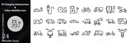 Urban transportation and electric vehicle infrastructure editable icon set vector illustration for modern city mobility