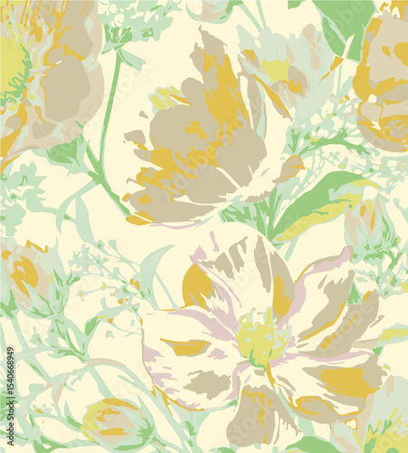 Big flowers pattern, upscale floral pattern. graphical textures floral, trendy colors pattern , flowers background with leaves. vector illustration.
