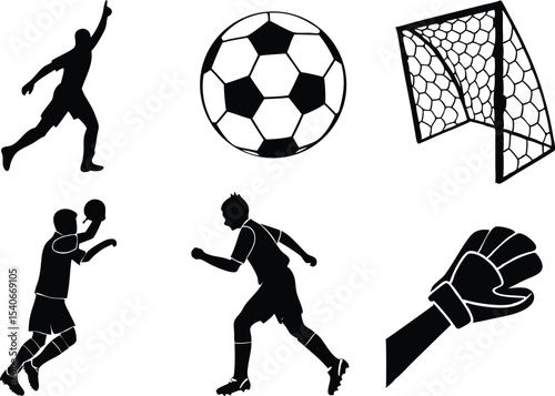 Soccer Balls and Cleats with Player Silhouettes. Football Shoes and Player Outline Collection. Silhouette Soccer Players with Balls and Cleats. Soccer Sports Elements with Player Shadows