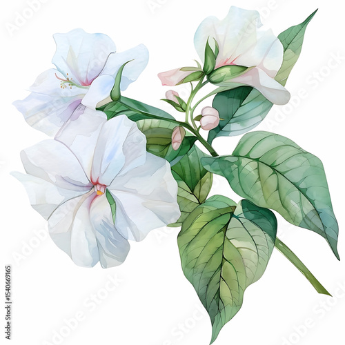 Watercolor White Impatiens Isolated on White Background. Beautiful Impatiens Flower