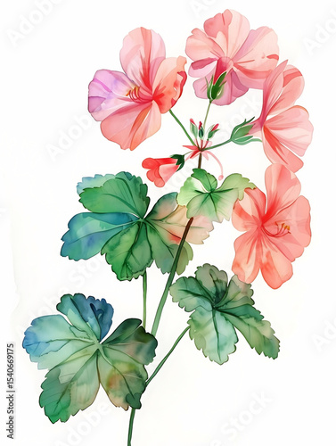 Watercolor Pink Ivy Geranium Isolated on White Background. Beautiful Ivy Geranium Flower