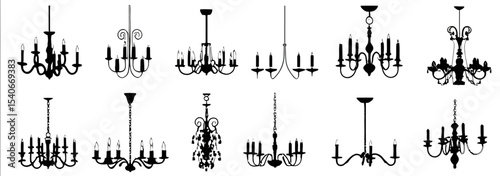 Collection of ten chandelier silhouettes in various styles and designs on a white background