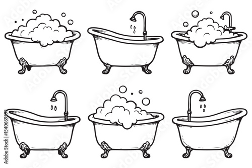 set of hand  drawn vintage bathtubs with bubbles, sketches of various bathtubs, minimalistic design, clean lines, artistic style