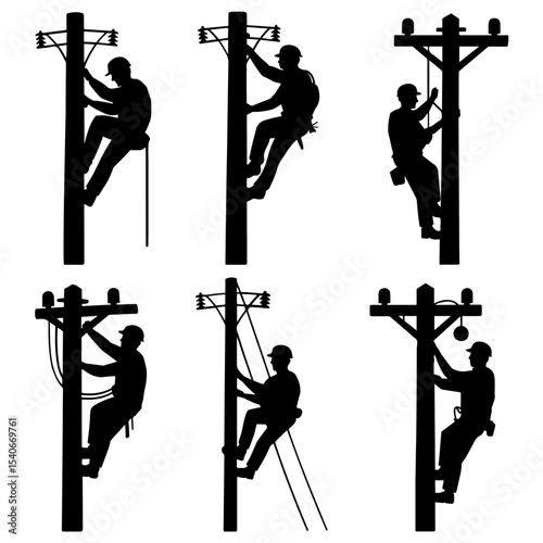 Silhouettes of linemen working on utility poles