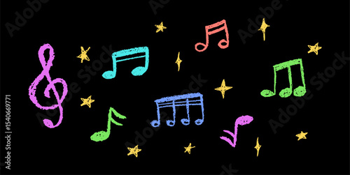 Vector illustration of colorful music notes and stars in charcoal scribble style. Cute childish music school pastel or wax pencil signs. Handwritten pop elements on black for kindergarten designs.