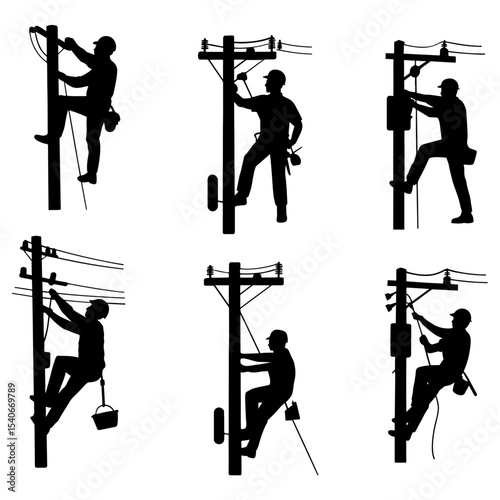 Silhouettes of linemen working on utility poles
