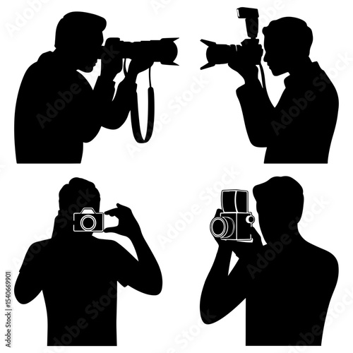 Silhouette of photographers with various cameras