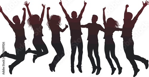 Silhouette of a joyful group of young people jumping in celebration. silhouette, people, jumping, group