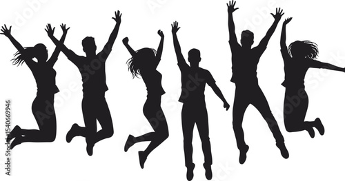 Dynamic silhouettes of people dancing and jumping, a fun vector illustration of a group enjoying music and party