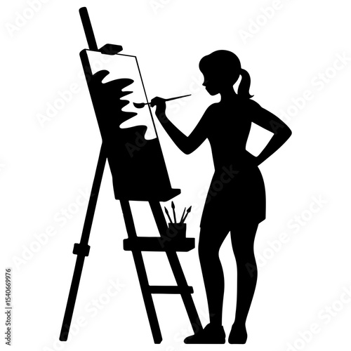 Silhouette of a woman painting on a canvas easel